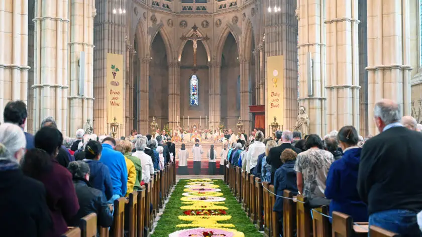 A carpet of flowers in the aisle leading up to the alter of Arundel Cathedral